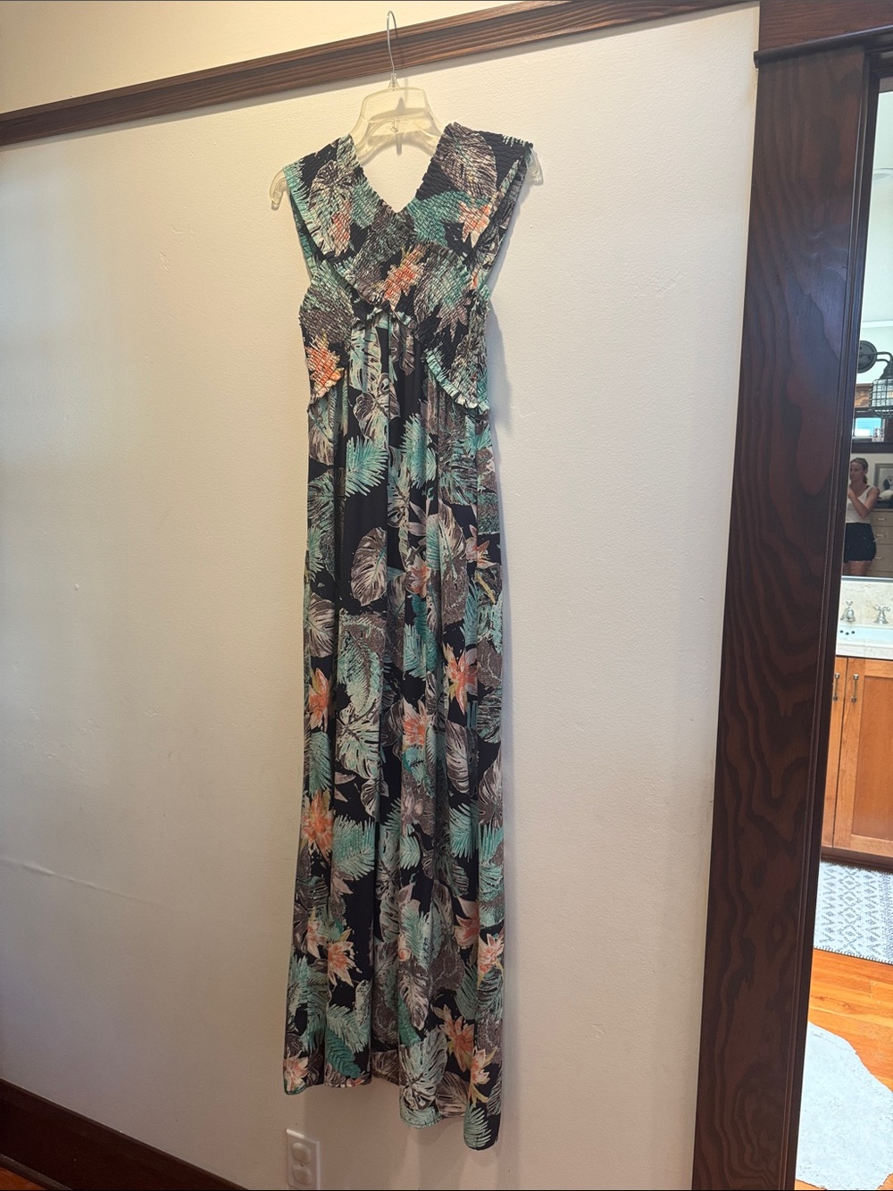 Tropical Print Maxi Dress in Black and Teal